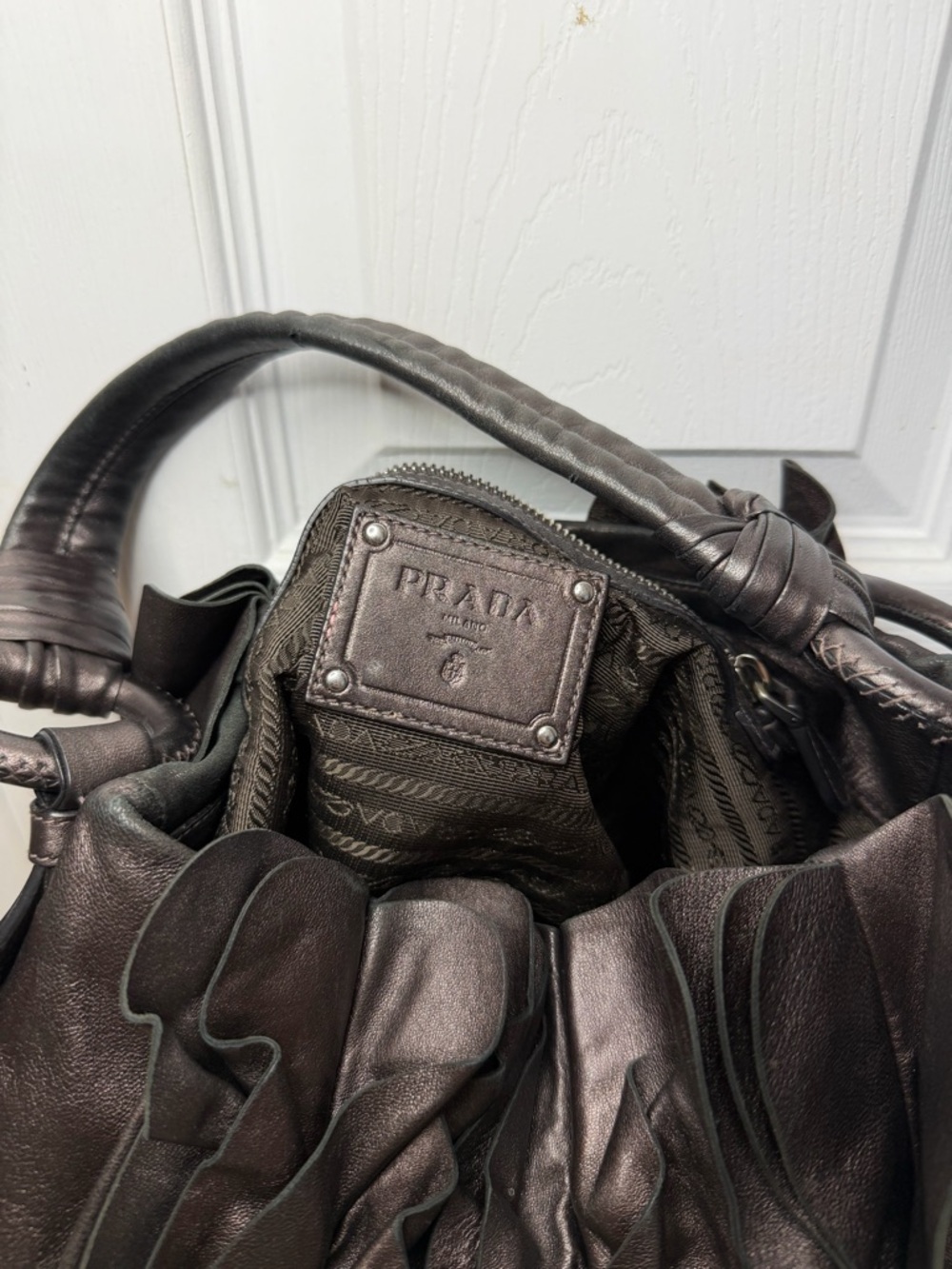 Prada Brown Nappa Mordore Ruffle Hobo Bag Purse. - Picture 7 of 9
